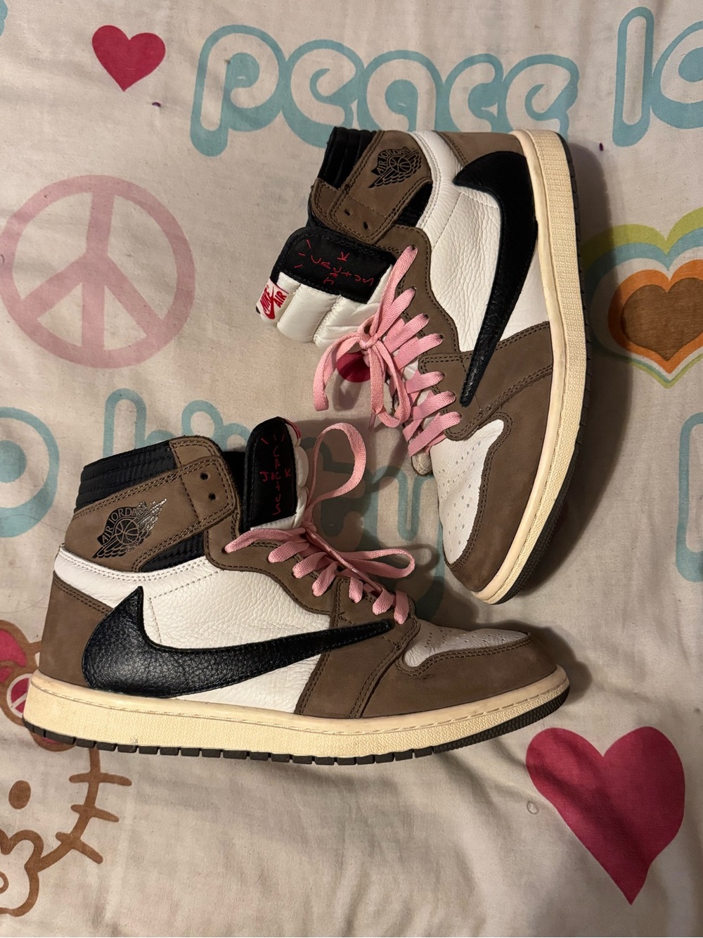 Jordan Air High-Top Sneakers Brown Black White with Pink Laces